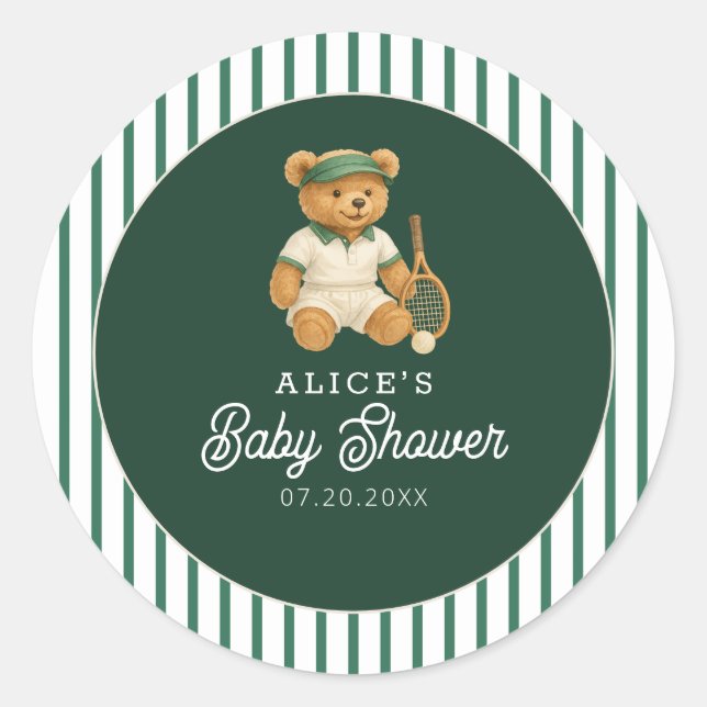 Sticker Rond Baby shower de tennis Preppy Bear (Devant)