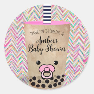 Sticker Rond Baby shower de thé Boba rose Chevron Merci