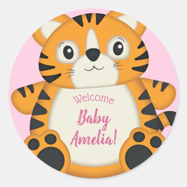 Sticker Rond Baby shower de tigre rose (Devant)