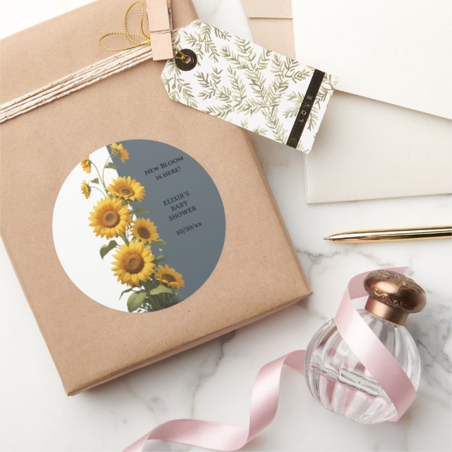 Sticker Rond Baby shower de tournesol bleu (Cadeaux)