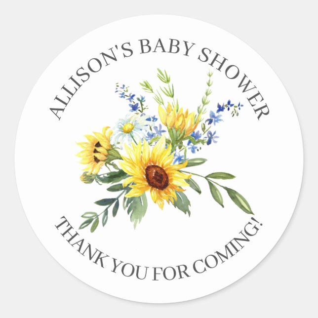 Sticker Rond Baby shower de tournesol jaune Douche Merci (Devant)