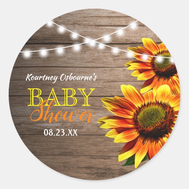 Sticker Rond Baby shower de tournesol rustique (Devant)