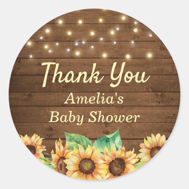 Sticker Rond Baby shower de tournesol rustique Saupoudrer Merci (Devant)