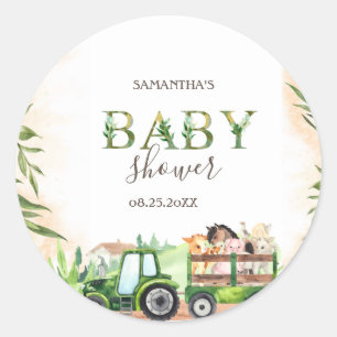 Sticker Rond Baby shower de tracteur pour animaux de ferme aqua