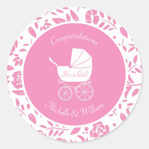 Sticker Rond Baby shower de transport Vintage petite fille rose