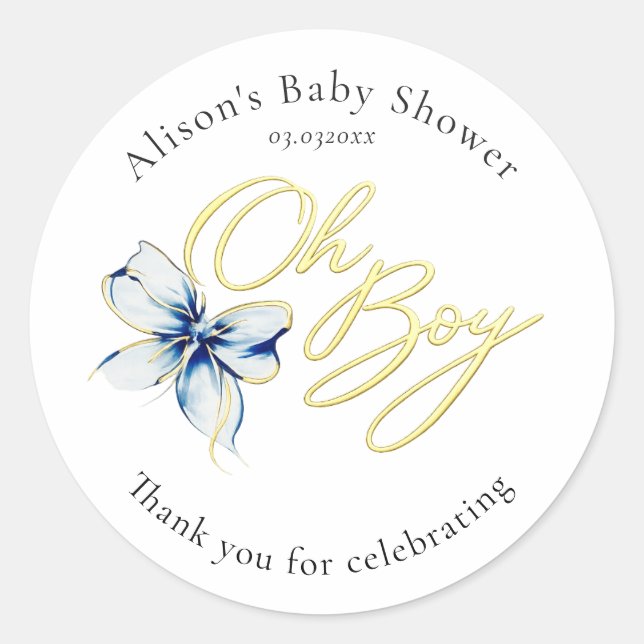 Sticker Rond Baby Shower de typographie florale « Oh Boy » bleu (Devant)