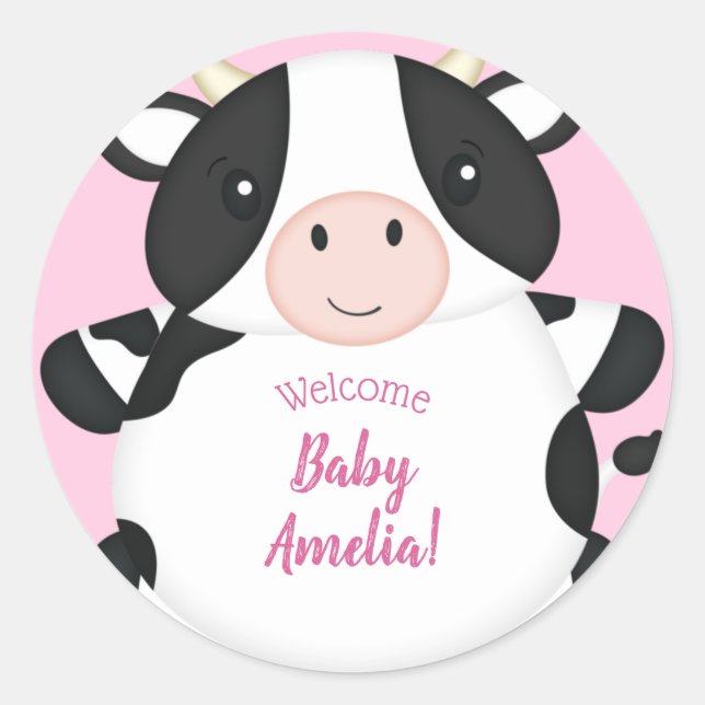 Sticker Rond Baby shower de vache rose (Devant)