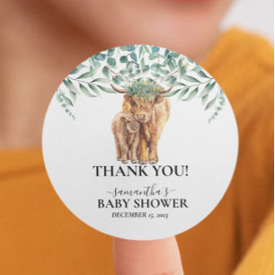 Sticker Rond Baby shower de veau de vache de Highland Eucalyptu