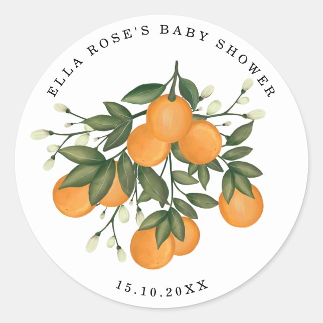 Sticker Rond Baby shower de verdure botanique d'agrumes orange  (Devant)
