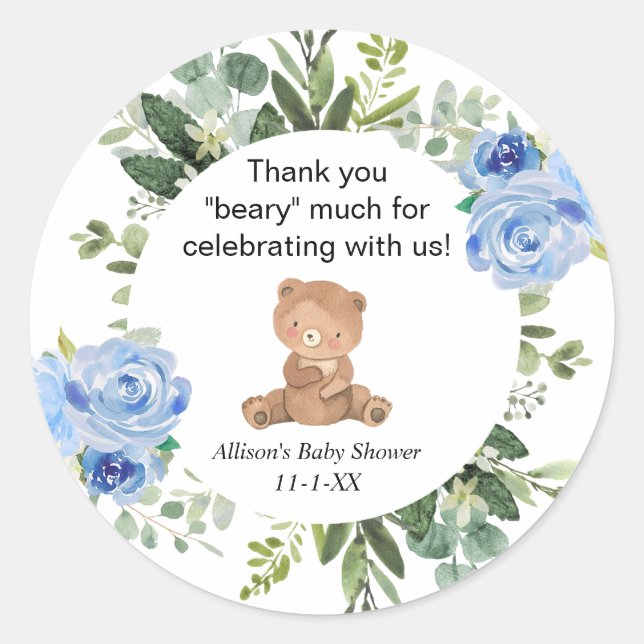 Sticker Rond Baby shower de verdure fleurie bleu ours en peluch (Devant)