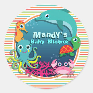 Sticker Rond Baby shower de vie marine, rayures lumineuses
