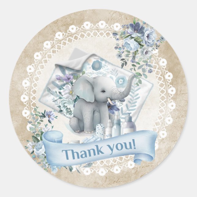 Sticker Rond Baby shower d'éléphant beige et bleu rétro (Devant)