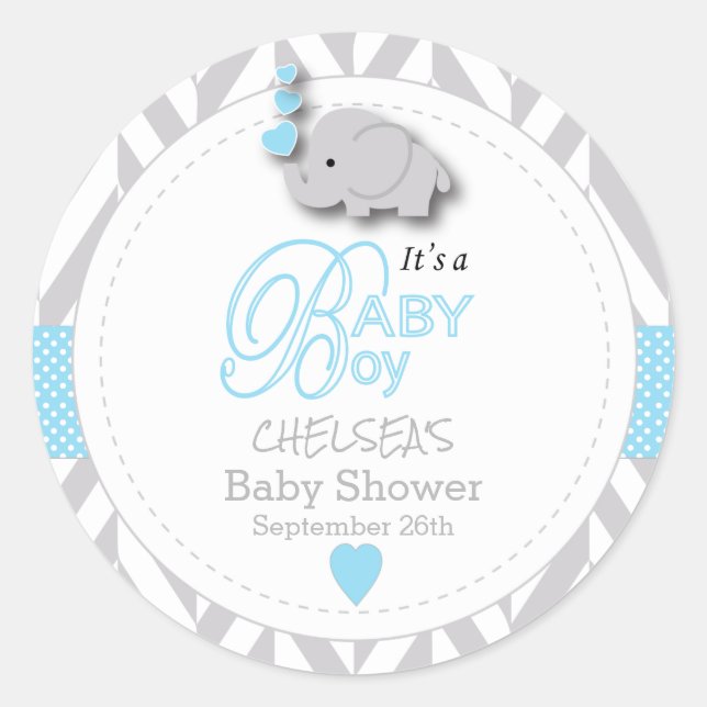 Sticker Rond Baby shower d'éléphant bleu, gris blanc (Devant)