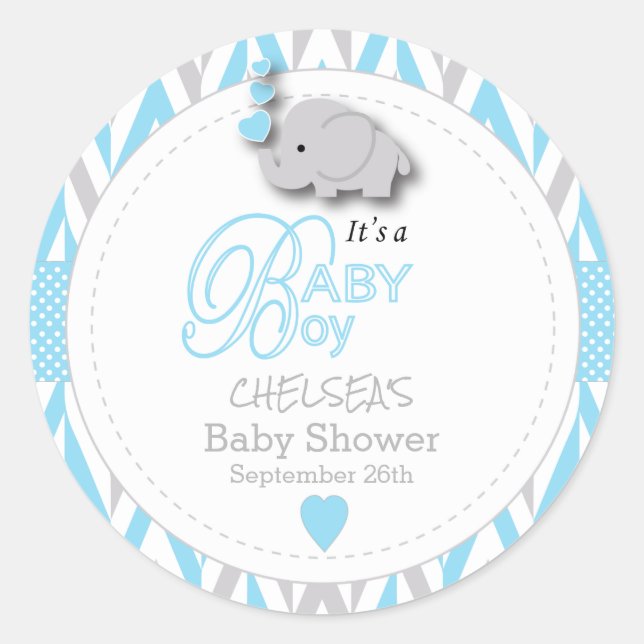 Sticker Rond Baby shower d'éléphant bleu, gris blanc 2 (Devant)