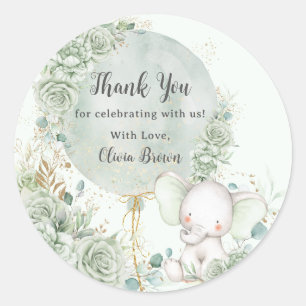 Sticker Rond Baby shower d'éléphant floral vert Sage