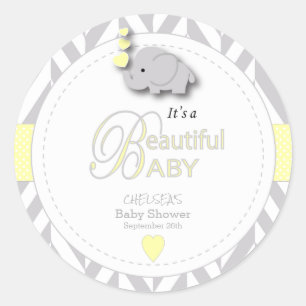 Sticker Rond Baby shower d'éléphant gris jaune et blanc