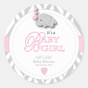 Sticker Rond Baby shower d'éléphant gris rose et blanc