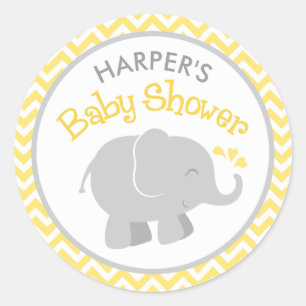 Sticker Rond Baby shower d'éléphant jaune et gris moderne