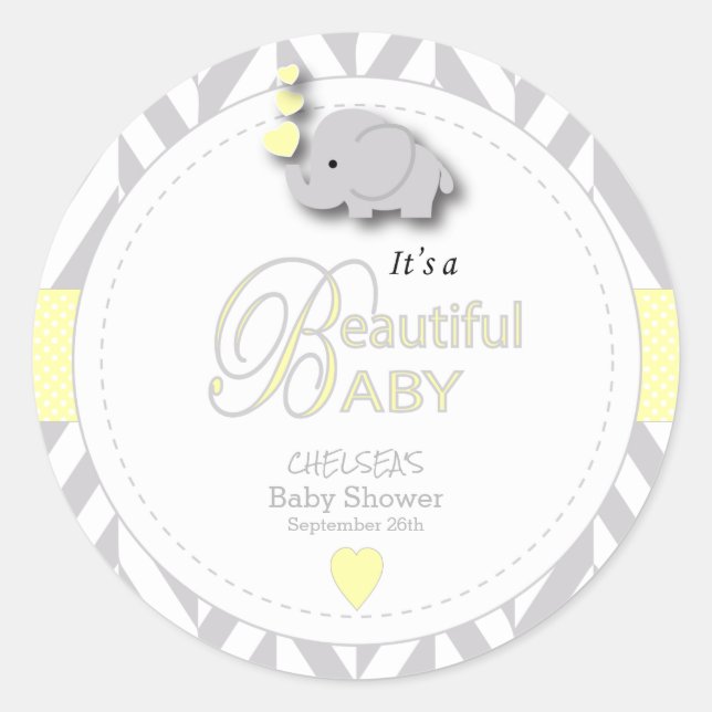 Sticker Rond Baby shower d'éléphant jaune, gris blanc (Devant)