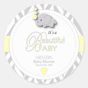 Sticker Rond Baby shower d'éléphant jaune, gris blanc