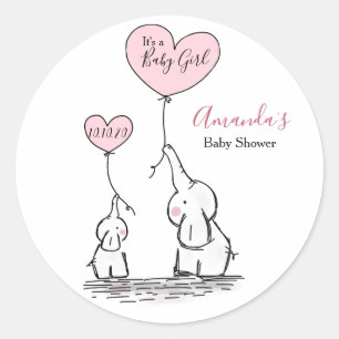 Sticker Rond Baby shower d'éléphant rose, gris blanc