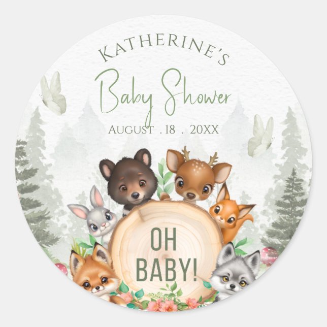 Sticker Rond Baby shower des animaux de bois verdoyants (Devant)