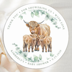 Sticker Rond Baby shower des animaux de ferme Highland Cow Twin