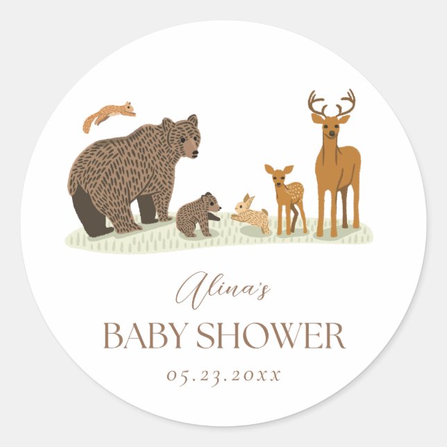 Sticker Rond Baby shower des animaux forestiers (Devant)