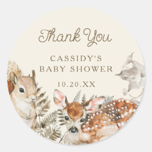 Sticker Rond Baby shower des animaux forestiers de bois Merci