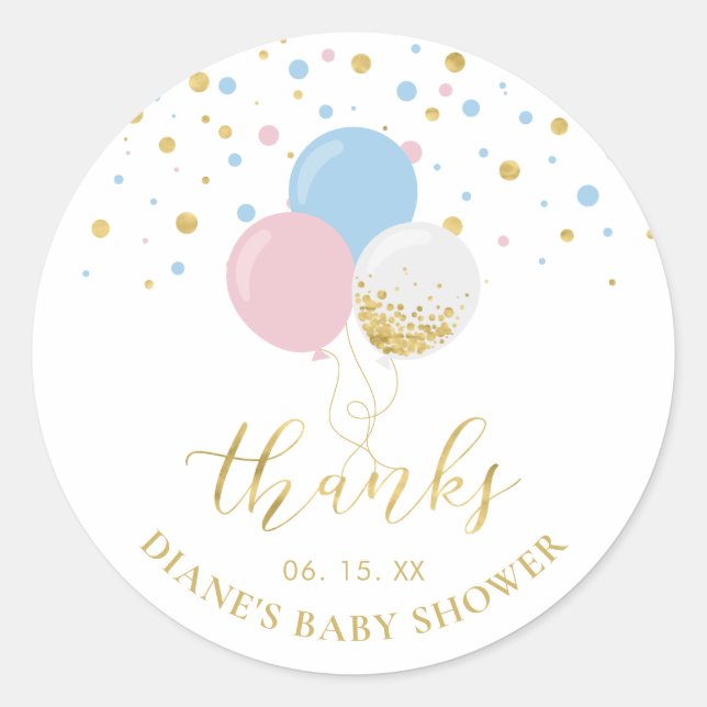 Sticker Rond Baby shower des ballons rose, bleu et or Favoriser (Devant)