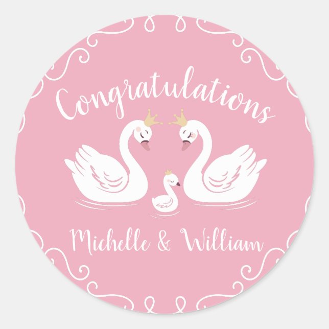 Sticker Rond Baby shower des cygnes roses pour filles (Devant)