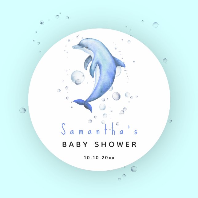Sticker Rond Baby shower des dauphins océaniques aquarelles (Créateur téléchargé)