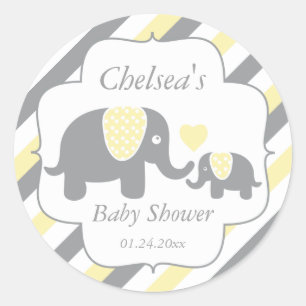 Sticker Rond Baby shower des éléphants blancs, jaunes et gris