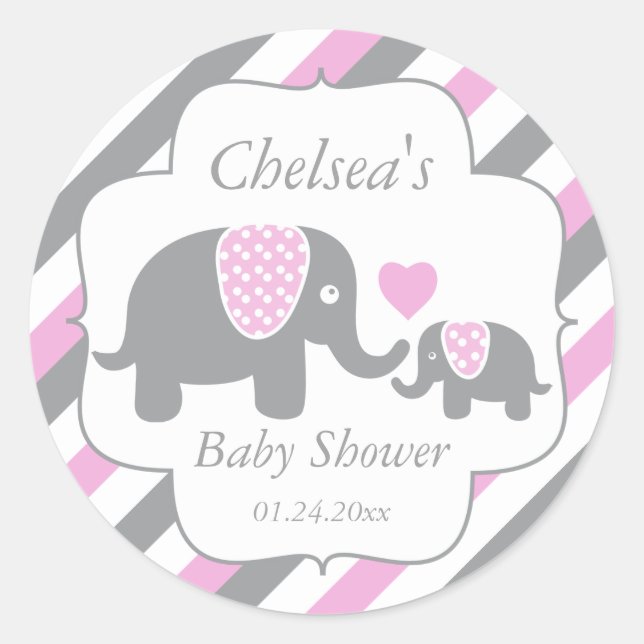 Sticker Rond Baby shower des éléphants blancs, roses et gris (Devant)
