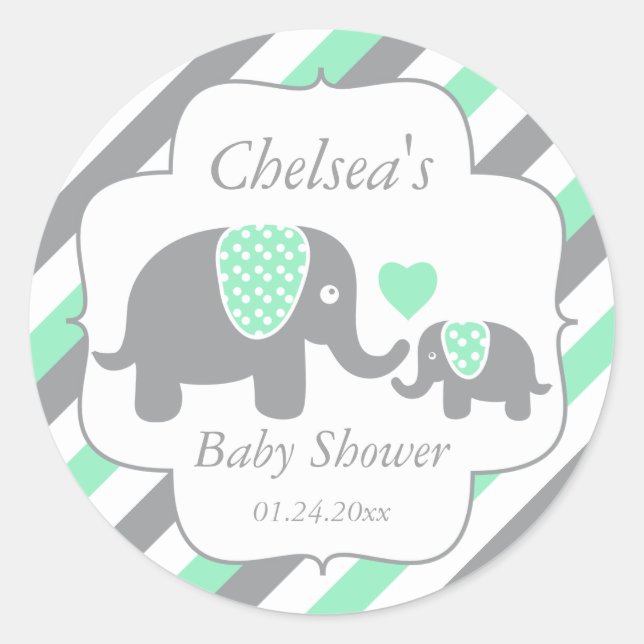 Sticker Rond Baby shower des éléphants blancs, verts et gris (Devant)