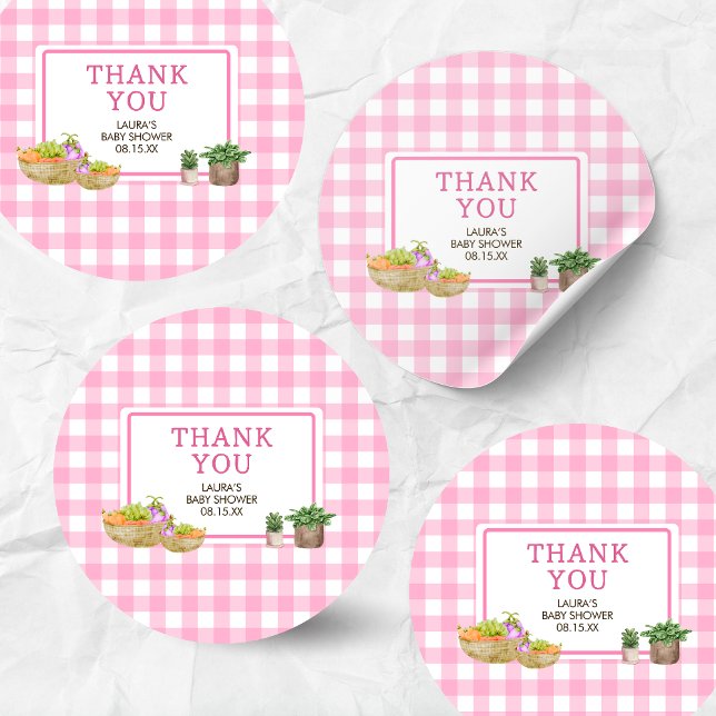 Sticker Rond Baby shower des fermiers à culture locale rose (Pink Farmers Market Locally Grown Baby Shower Round Sticker)