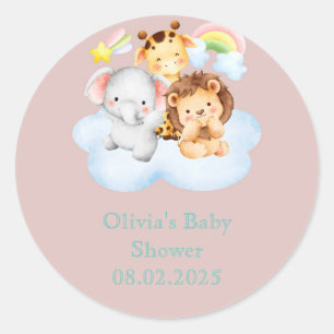 Sticker Rond baby shower des lions de girafe d'éléphanie
