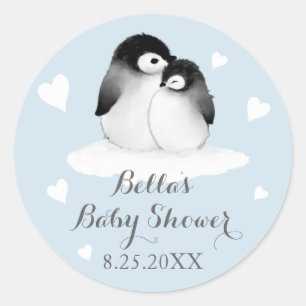 Sticker Rond Baby shower des pingouins bleus
