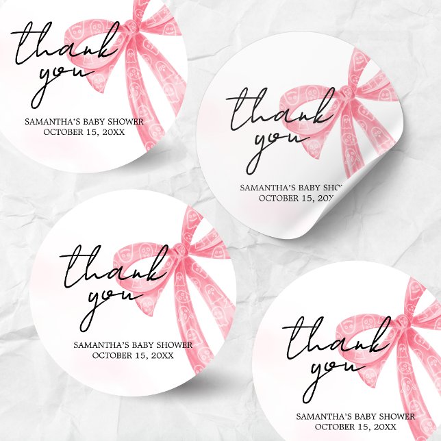 Sticker Rond Baby shower d'Halloween de petite fille rose (Pink Bow Little Boo Coquette Halloween Baby Shower Sticker)