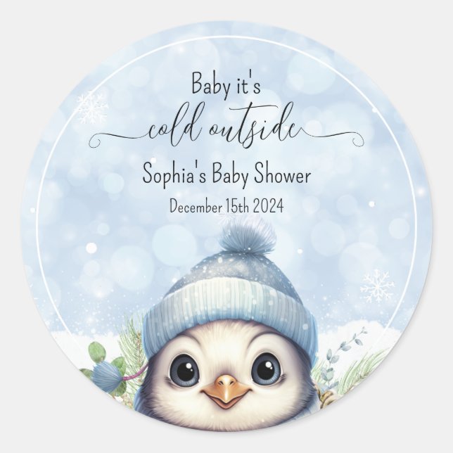 Sticker Rond Baby shower d'hiver Blue Cold Outdoor Penguin (Devant)