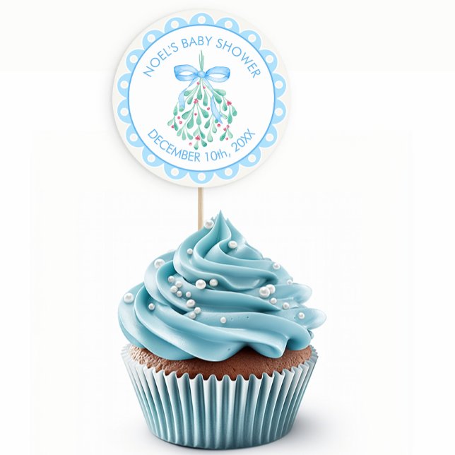 Sticker Rond Baby shower d'hiver Blue Mistletoe (Blue Winter Baby Shower Sticker Favor)