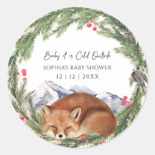 Sticker Rond Baby shower d'hiver de Fox de bois à l'extérieur f