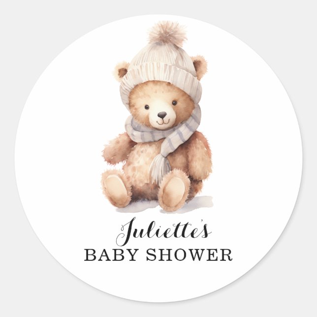 Sticker Rond Baby shower d'hiver de l'ours en peluche (Devant)