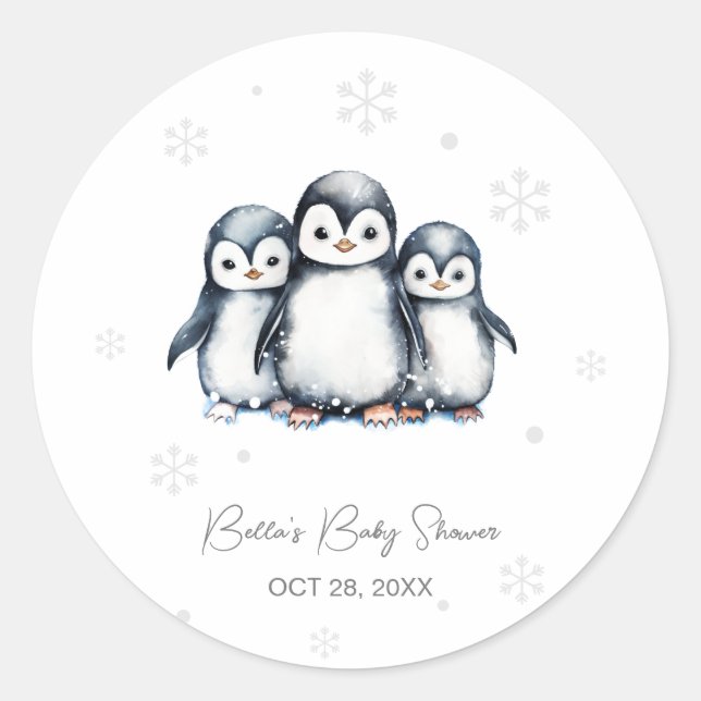 Sticker Rond Baby shower d'hiver de Pingouin mignon (Devant)