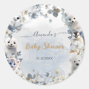 Sticker Rond Baby shower d'hiver des animaux de l'Arctique