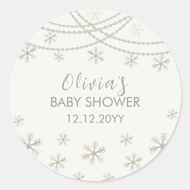 Sticker Rond Baby shower d'hiver Elegant Moderne Snowflakes (Devant)