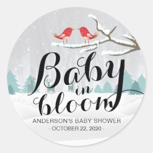 Sticker Rond Baby shower d'hiver moderne bébé en fleurs scène d