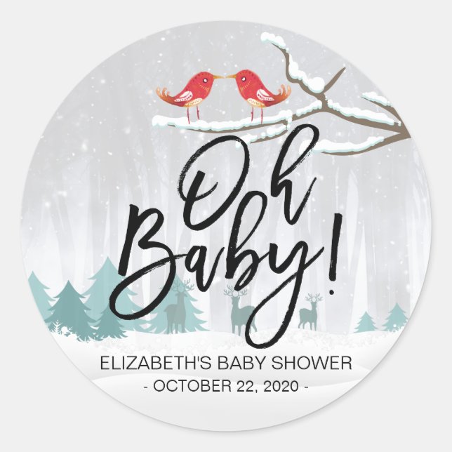 Sticker Rond Baby shower D'Hiver Moderne Scène De Neige Oiseau  (Devant)