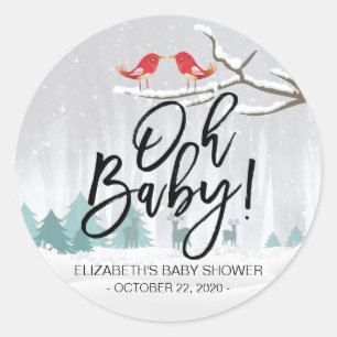 Sticker Rond Baby shower D'Hiver Moderne Scène De Neige Oiseau