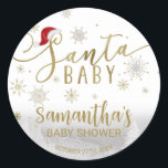 Sticker Rond Baby shower d'hiver père Noël Baby Christmas<br><div class="desc">Calligraphie adorable avec flocons de neige,  autocollant baby shower à thème hivernal. Facile à personnaliser avec vos détails. Vérifiez la collection pour rechercher les éléments correspondants comme cartes de boîtier.</div>